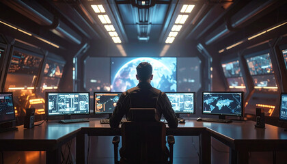 Back view of a man in a high-tech futuristic command center, analyzing global security data and space operations on multiple digital screens with a large Earth display.

