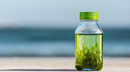 Seaweed Extract in a Clear Bottle Against a Blurred Ocean Background