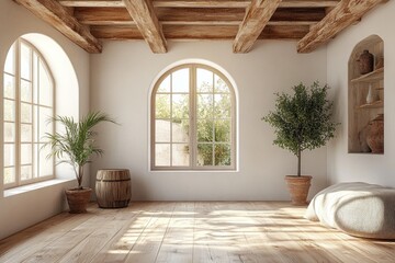 Rustic interior design with natural light and wooden beams.