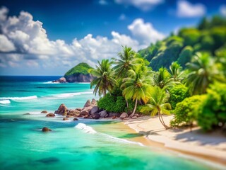 Naklejka premium Seychelles Beach: Miniature Tilt-Shift Panorama of Idyllic Coastal Scene