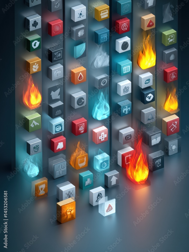 Leinwandbilder Digital Wall of Firewalls and Bans Separating Various App Icons in a Modern Tech Environment Generative AI