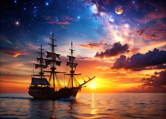 Obraz premium Silhouette Pirate Ship Sunset Starscape - Dramatic Night Ocean Scene Stock Photo