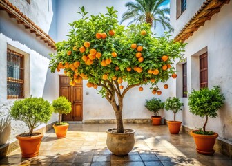 Small Tangerine Tree in Architectural Setting - Sunny Courtyard