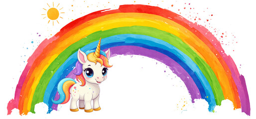 Obraz premium unicorn illustration with rainbow and sun