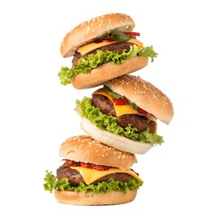 Triple Stack of Cheeseburgers with Lettuce, Cheese and Ketchup on Sesame Buns over White Background