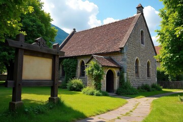 Ancient stone church, village green, weathered sign, old, sign