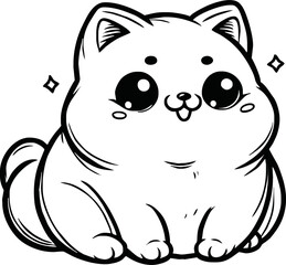 Cute happy fat cat is sitting like Buddah. Outline Cat in kawaii style. Hand drawn vector illustration. Line art cat mascot character. Coloring page