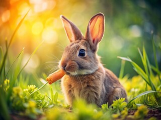 Fototapeta premium Spring Rabbit Enjoying Picnic Watercolor Illustration - Cute Bunny Eating Food in Meadow