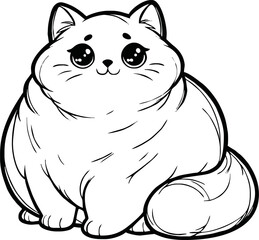 Cute happy fat cat is sitting like Buddah. Outline Cat in kawaii style. Hand drawn vector illustration. Line art cat mascot character. Coloring page