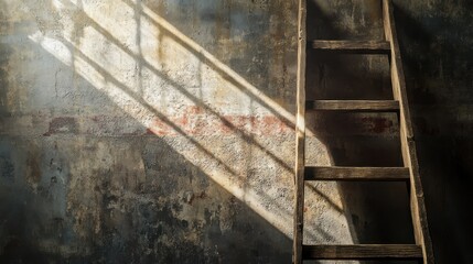 Wooden ladder beside a rough wall with light and shadows falling