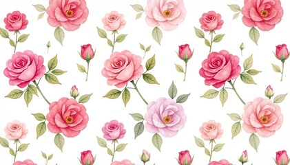 Delicate watercolor roses & leaves, repeating pattern , wallpaper, print