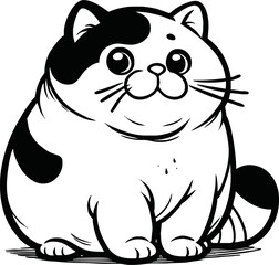 Cute happy fat cat is sitting like Buddah. Outline Cat in kawaii style. Hand drawn vector illustration. Line art cat mascot character. Coloring page