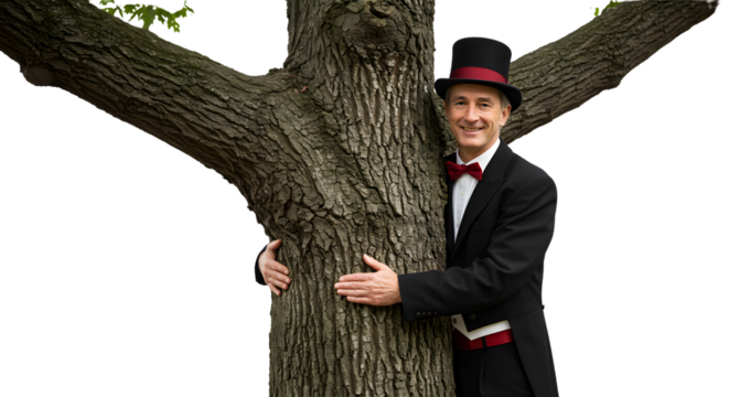 Man in suit hugging a tree trunk with smile and top hat for environmental awareness and conservation on transparent background