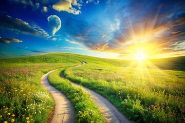 Sunlit Meadow Landscape with Question Mark Pathway - FAQ Concept Stock Photo