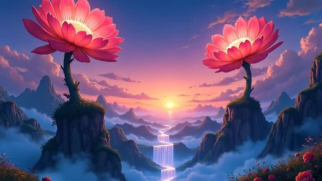 Surreal Dreamscape: Golden Waterfall & Giant Flowers in a Psychedelic Sunset