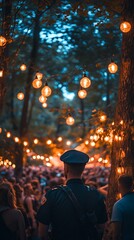 Obraz premium Security guard overlooks a crowd at a night forest event illuminated with warm string lights