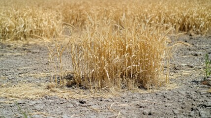 Golden wheat field showing dried stalks and cracked barren earth