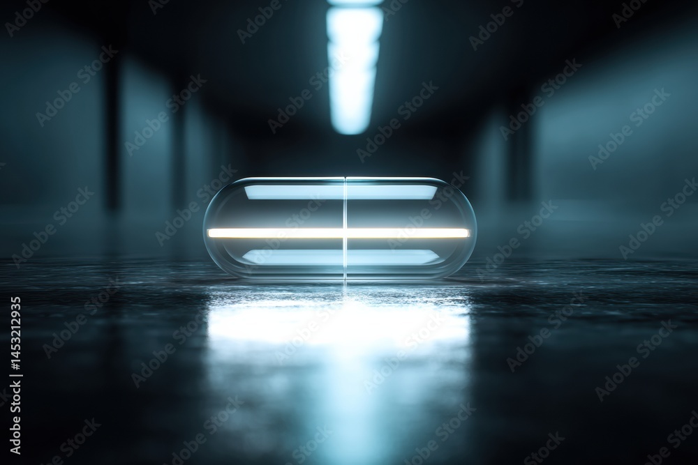 Aufkleber Glowing Capsule Rests in a Dark Sterile Environment, Showcasing Futuristic Design Elements and Illuminating Its Surroundings Generative AI
