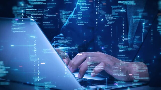 Developer hand typing on laptop with abstract digital code, programming, glowing blue data stream, representing cyber security technology.