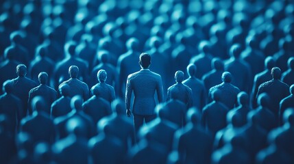Obraz premium Businessman standing out from a large crowd of people in blue tones 3d team group image power leader