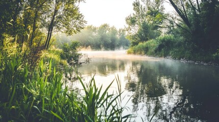 Obraz premium A serene river scene with trees and mist in nature