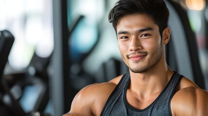 Fototapeta premium Portrait of a Confident and Muscular Asian Man in a Gym Setting