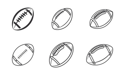 American Football Set Icons, Black And White Sports Balls Vector Illustration Silhouettes.