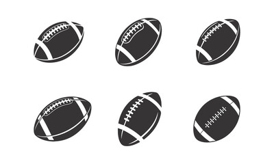 American Football Set Icons, Black And White Sports Balls Vector Illustration Silhouettes.