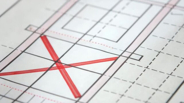 Red marker pen crossing out section on architectural blueprint with bold X indicating termination and design plan changes in drawing process
