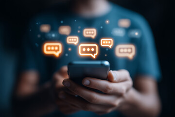 Hands Holding Smartphone with Social Message Icons &ndash; Global Communication Concept