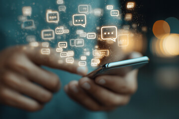 Hands Holding Smartphone with Social Message Icons – Global Communication Concept