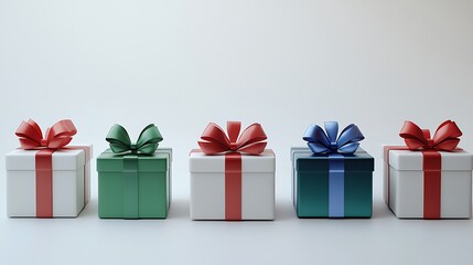 Set of different gift boxes with red, green, and blue ribbons isolated on a white background. New Year or Christmas present concept. 