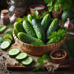 Fresh Cucumbers in Woven Basket with Herbs and Spices
