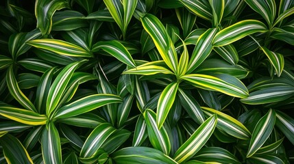 Fototapeta premium Lush green plants with yellow and white striped long leaves