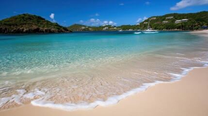A beautiful tropical beach scene with crystal clear turquoise water
