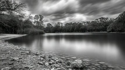 Fototapeta premium Tranquil monochrome image of a lake surrounded by trees