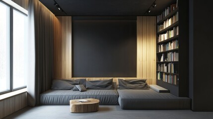 Fototapeta premium Modern interior showcases a sofa bookcase and wooden wall design