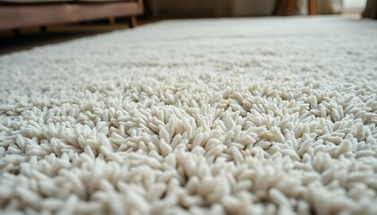close up of a white carpet with a bed in the background
