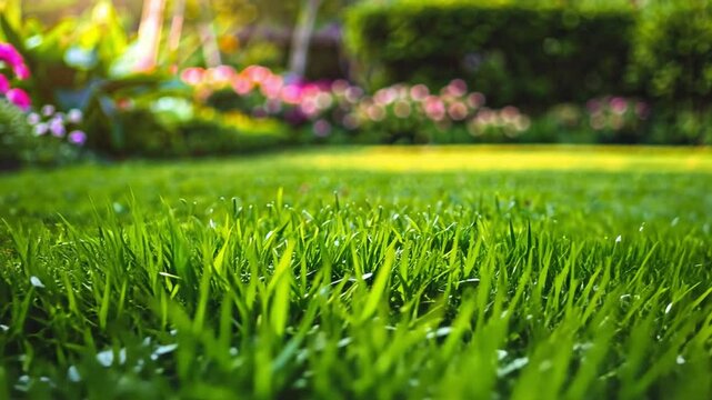 Vibrant garden with lush green grass and colorful flowers, where sunlight enhances serene landscape and invites you to enjoy beauty of nature outdoors.