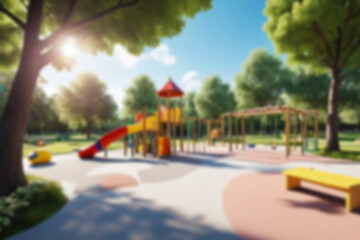 Children's games in the park blur, bright and cool atmosphere, natural theme with trees next to it, no humans, 8k quality.