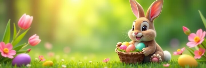 Happy bunny holding basket, colorful eggs, blooming flowers, happy, holiday