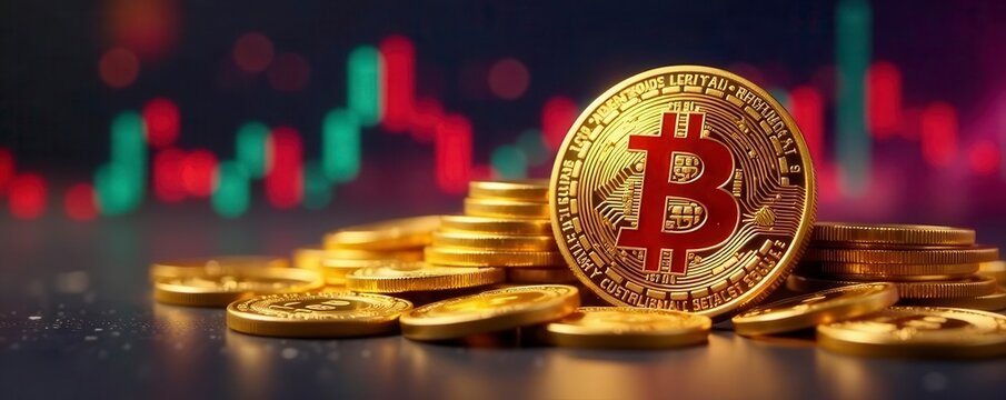 Pile of gold coins, vibrant stock graph overlay , texture, downtrend, finance