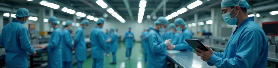 Sterile-clad supervisor uses tablet to oversee diverse team's production line , multicultural, communication