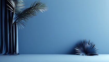 Elegant composition of blue-toned tropical palm leaves against a solid blue background. Perfect for nature-themed designs, backgrounds, and creative projects.