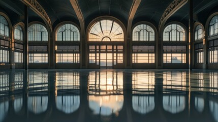 A large empty hall featuring arched windows and bright sunlight