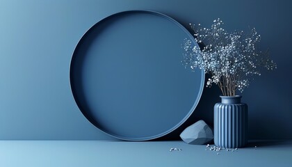 A stylish blue vase filled with delicate blue and white flowers against a minimalist blue background. Perfect for modern interior design concepts.