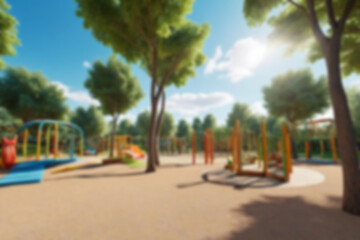 Fototapeta premium Children's games in the park blur, bright and cool atmosphere, natural theme with trees next to it, no humans, 8k quality.