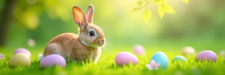 Adorable bunny surrounded by pastel Easter eggs on lush grass , close-up, decoration, eggs