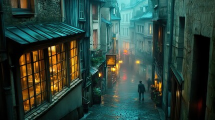 Naklejka premium A lone person walks through a narrow cobbled street during nighttime