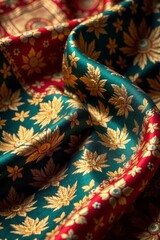 Golden zari motifs on rich Banarasi silk, opulent drape , detail, drape, rich